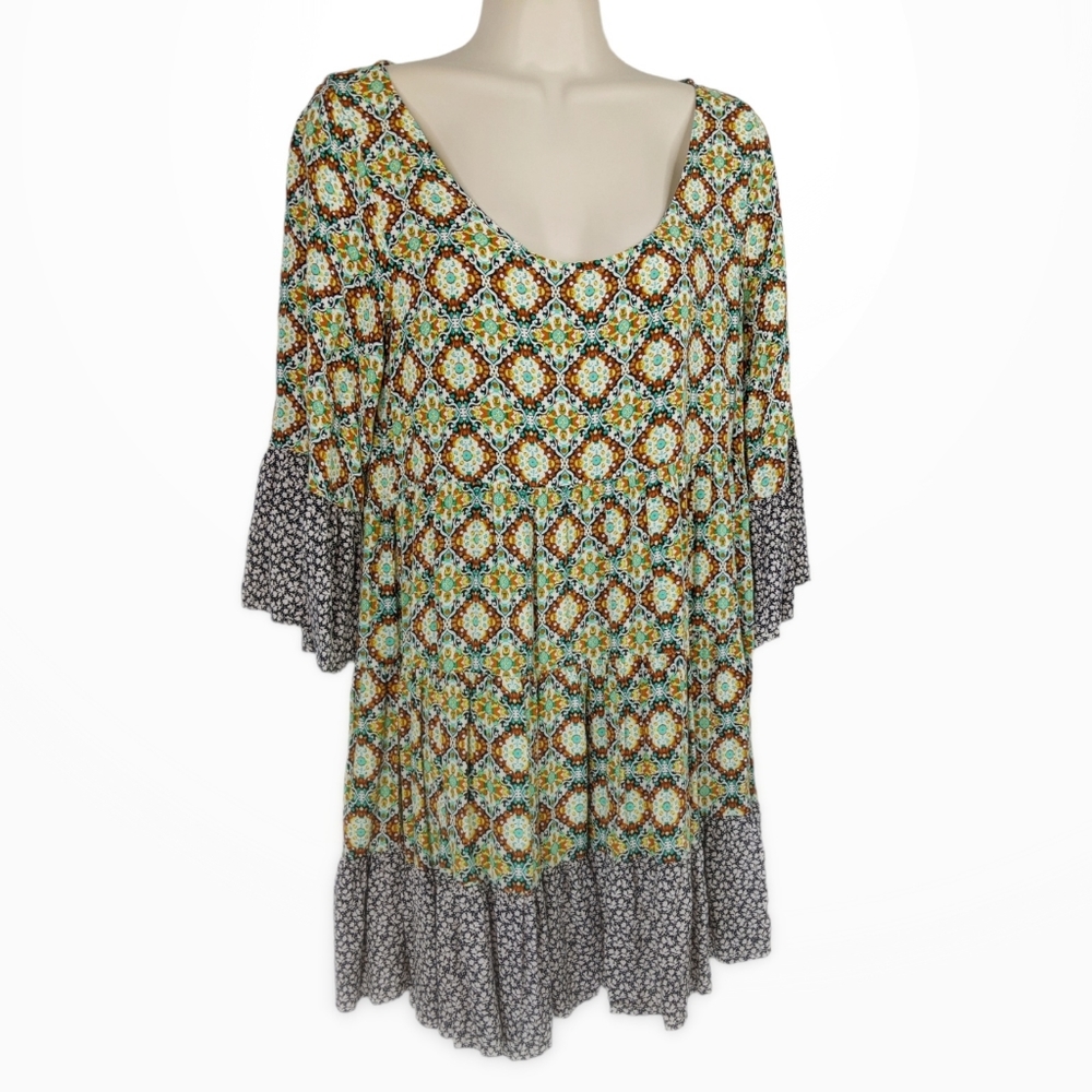 KORI AMERICA Mixed Print Flare Sleeve Babydoll Dress Sz S